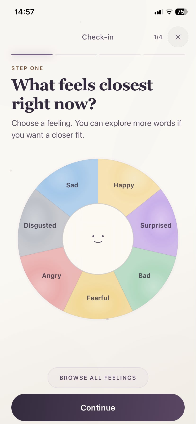 Actual emotion wheel screen in the LYORA app
